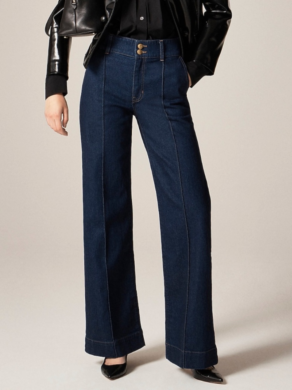 J. Crew Dark Blue Denim Trouser Wide Leg Jean with Stacked Buttons Size 26 Tall - Picture 2 of 16